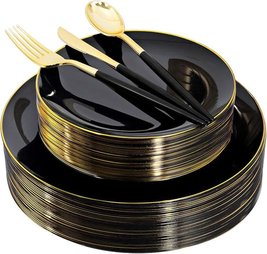 150pcs Black Plastic Plates, Black and Gold Plates,Gold Plastic Silverware,Black and Gold Dinnerware Set,Premiun Taleware,Perfect for Birthday,Party,Wedding,Anniversary