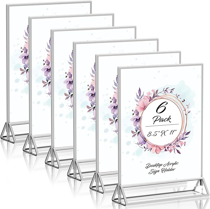 Clear Acrylic Sign Holder 8.5X11 with Silver Borders Display Stand, Double Sided Acrylic Picture Frames Plastic Sign Holder for Wedding Table Numbers Menu Holder (6 Pack)