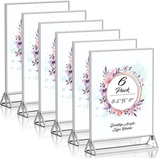 Clear Acrylic Sign Holder 8.5X11 with Silver Borders Display Stand, Double Sided Acrylic Picture Frames Plastic Sign Holder for Wedding Table Numbers Menu Holder (6 Pack)