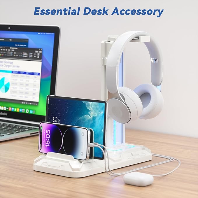 KDD Headset Stand with Charging Station - Detachable Controller Holder with 9 Light Modes - Rotatable Headphone Hanger with USB A&C Charger Ports - Earphone Hook for PC Gaming Accessories Storage