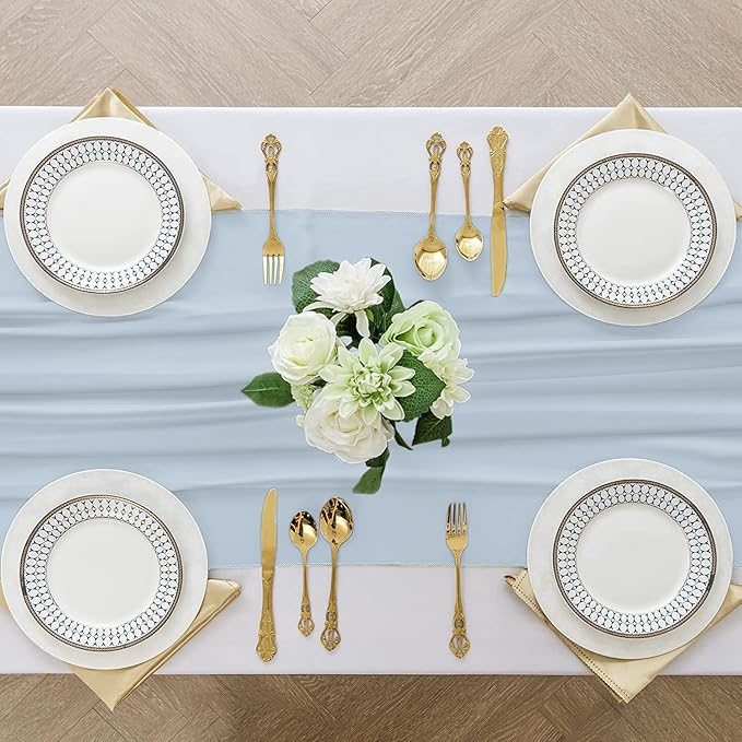 2 Pack 10 Ft Chiffon Table Runner Baby Blue Gauze Long Table Runners 27x120 Inches Sheer Tulle Table Runner for Rustic Wedding Reception Bridal Shower Decorations Birthday Party