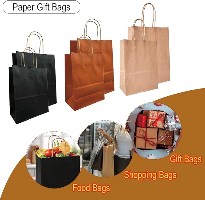 BAG BOX 100 Pack Medium 8.25x4.3x10.6 Inch Black Kraft Paper Gift Bags with Handles for Bulk Shopping, Retail, Craft, Party Favors, Wedding, Grocery & Sacks
