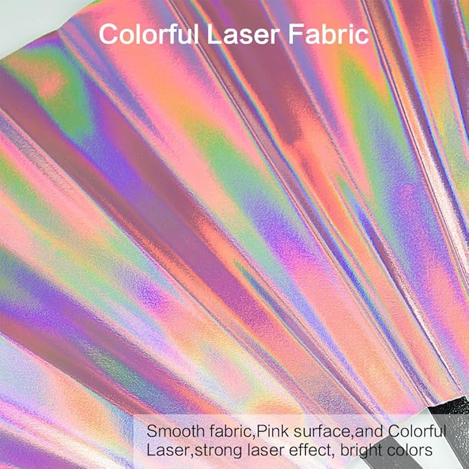 Large Rave Fan, Clack Folding Hand Fan with Premium Fabric, Thick Bamboo Frame for Men Women Gift for EDM, Festival, Club, Party, Dance, Decoration (Holographic Pink, 13")
