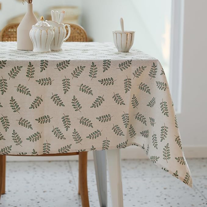 YiHomer Pastoral Rectangle Tablecloth - 52 x 70 Inch - Beige Linen Table Cloth - Washable Table Cover with Wrinkle Resistant for Restaurant, Picnic, Bistro, Indoor and Outdoor Dining, Green Leaf