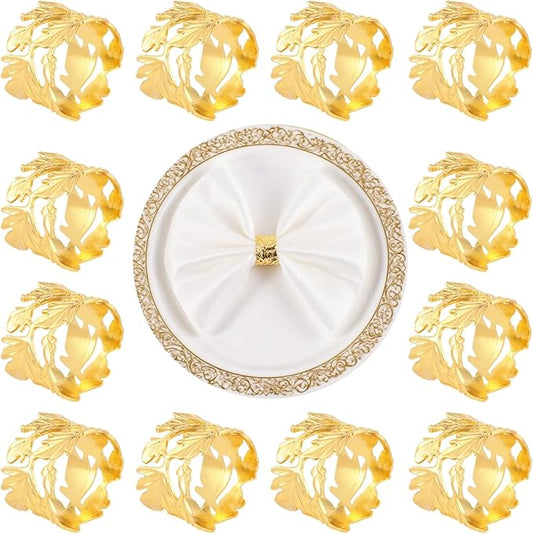 Gold Leaf Napkin Rings Set of 12, Mgrlfbl Golden Leaves Fall Napkins Rings Alloy Holders Bulk for Thanksgiving Weddings Christmas Table Setting Decor,Holiday Dinner,Birthday Party Decoration(Round 12)
