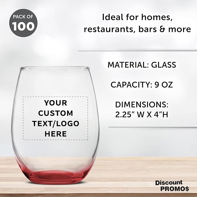 Custom Stemless Wine Glass 9 oz. Set of 100, Personalized Bulk Pack - Great for Wedding Favors, Bachelorette Party Decorations, Party Favors, Color Bottom - Red