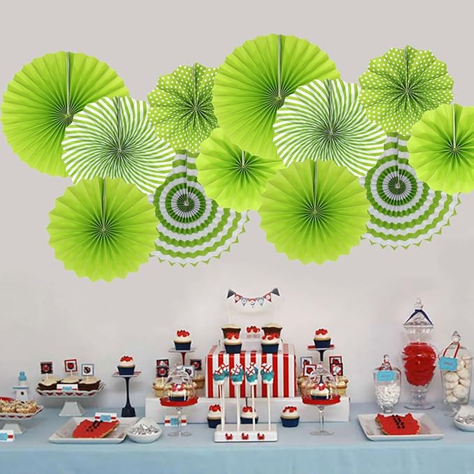 ADLKGG Party Hanging Paper Fans Set, Green Round Pattern Paper Garlands Decoration for Birthday Wedding Graduation Events Accessories, Set of 6