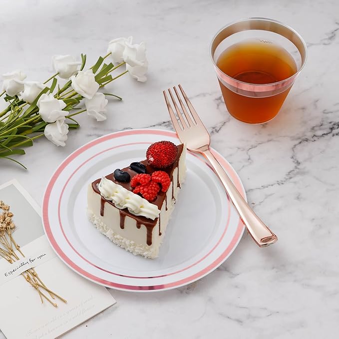 BESTVIP 300PCS Plastic Dinnerware Set (50 Guests), Rose Gold Disposable Plates for Party, Wedding, Christmas, Anniversary, Includes: Dinner Plates, Dessert Plates, Cups, Spoons, Forks and Knives