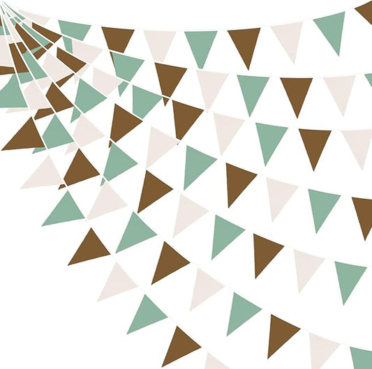 32Ft Sage Green Brown Party Decorations Retro Colored Triangle Flag Fabric Banner Pennant Bunting Garland Streamers for Birthday Wedding Baby Shower Jungle Safari Summer Christmas Outdoor Party Decor