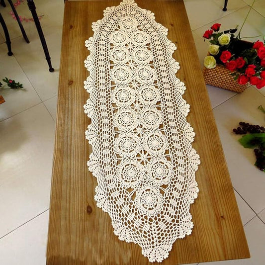 Cotton Handmade Crochet lace Table Runners Oval Tablecloth Doilies Doily Table Dresser Scarf Décor,15x35 inch,Beige