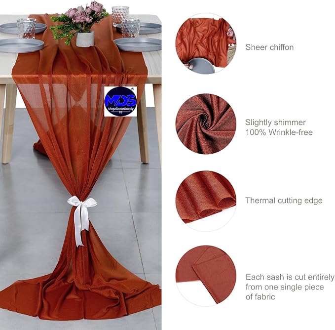 MDS Halloween Chiffon Table Runner - 12 Pack, 29 x 170 Inches, 14ft Each - Sheer Spooky Table Runners for Haunted House Parties, Trick-or-Treat Tables, Witchy Décor, Wedding & Events - Terracotta