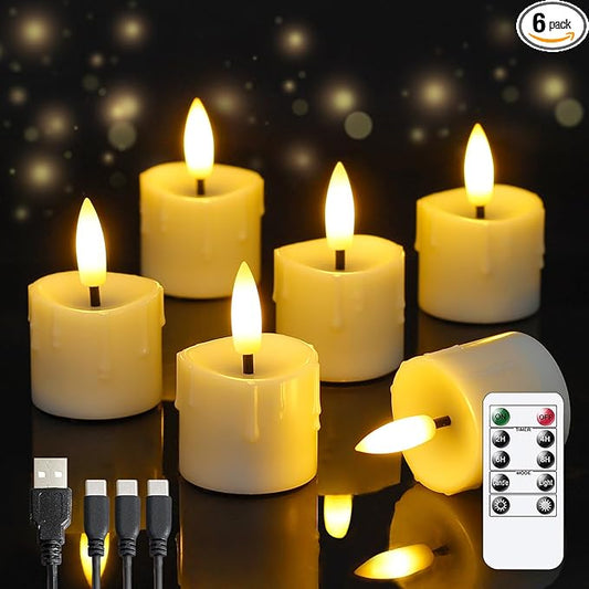 Rechargeable Flameless 1.6" x2.5" Tea Light Candles with Remote & Type-C Charging Cable, Timer LED Flickering Ivory Plastic 6pcs Mini Dripping Wax Votive Tealight Candles