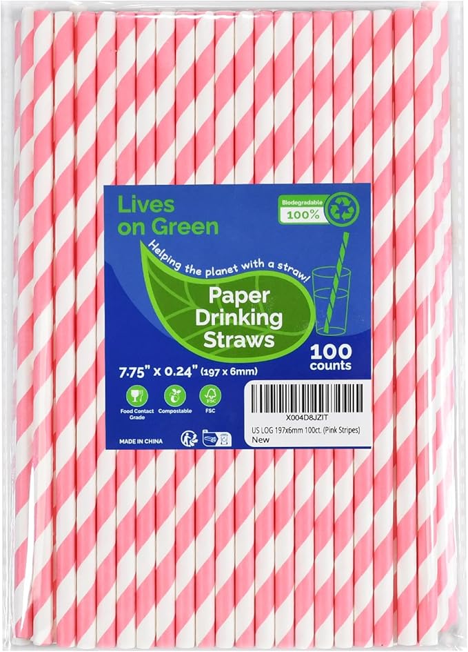Pink White Striped Paper Drinking Straws 7.75 inch 100 Counts - for Cocktail, Party, Wedding, Baby Shower, Decoration, Crafts