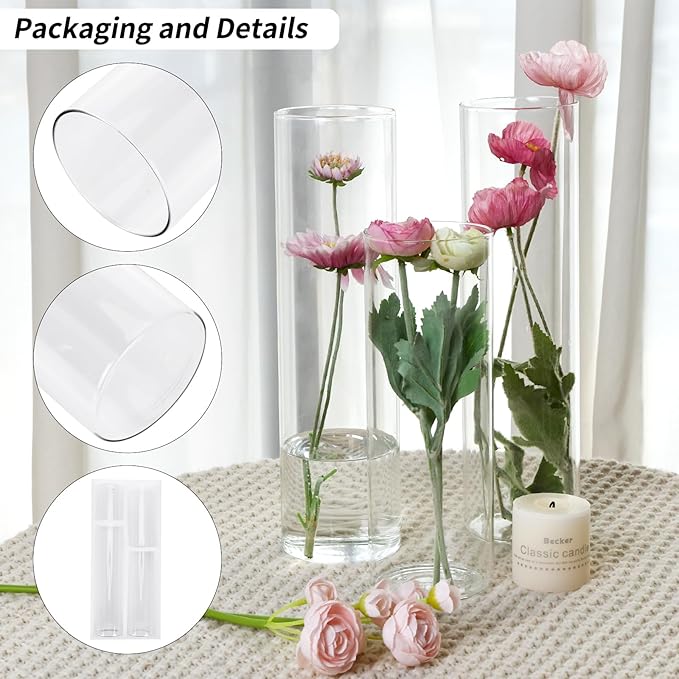 CEWOR 12pcs Glass Cylinder Vase 4, 6.8, 9, 11.8 Inch Glass Candle Holder Clear Vases for Centerpieces Tall Flower Vase for Wedding Home Decor Party 4 Different Sizes