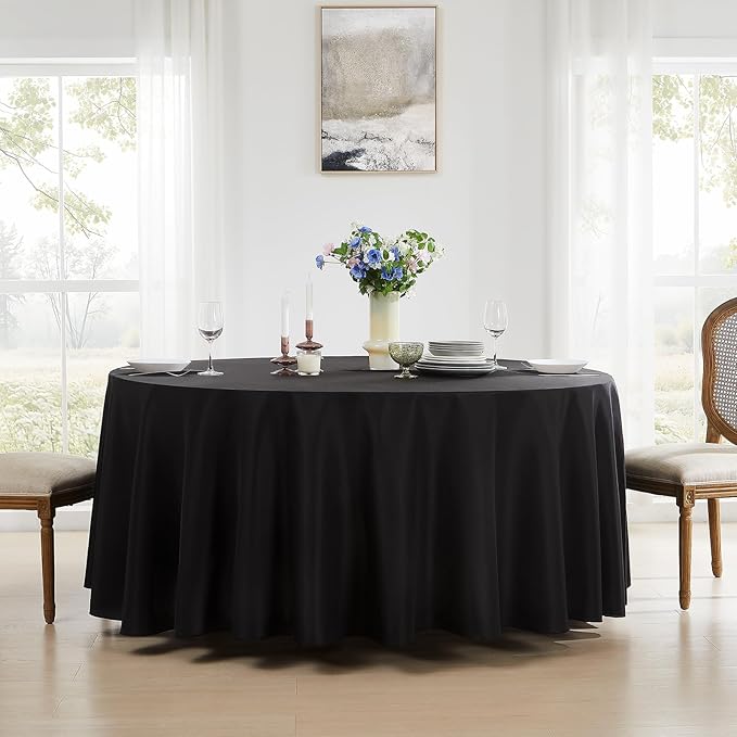 Round Tablecloth 132 Inch 2 Pack Black Tablecloths Washable Decorative Linen Polyester Table Clothes Cover for Dining Table Banquets Buffet Parties and Wedding