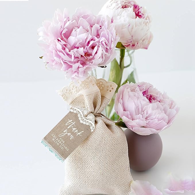 Andaz Press 100-Pack Thank You for Celebrating with Us Favor Tags Burlap Lace Cardstock Gift Tags with Bakers Twine for Wedding Baby Shower Bridal Shower Birthday Party Favors 2 x 3.75-Inches