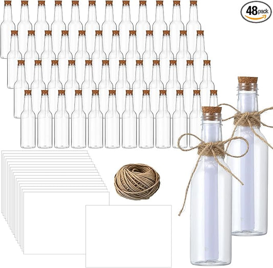 Baderke 48 Pcs 5.6 oz Message Bottles with Letter Printer Paper Plastic Bottles & Corks Twines for Message Invitations Birthday Wedding Baby Shower DIY Crafts Gift Party Favors (White)