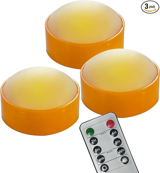 LED Pumpkin Lights with Remote and Timer, Battery Operated Bright Flickering Flameless Candles for Pumpkin Decor, Jack-O-Lantern Halloween Party Decorations,Orange Color, 3 Pack