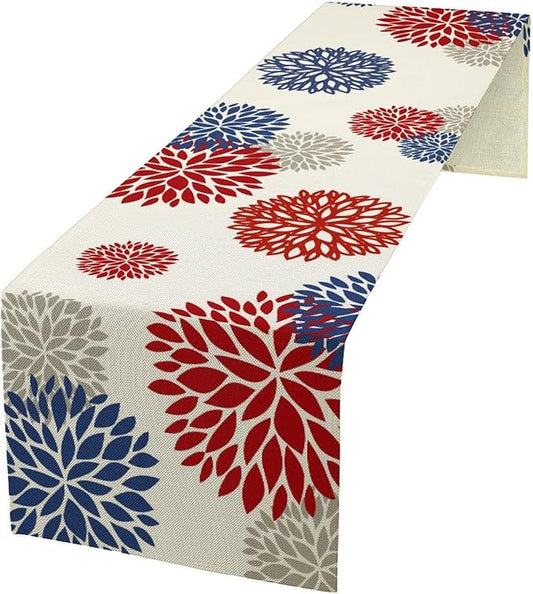 4th of July Table Runner, Blue Red Dahlia Flower American Patriotic Memorial Day Table Runner for Farmhouse Kitchen Dining Table Party Decor, 13x120inch