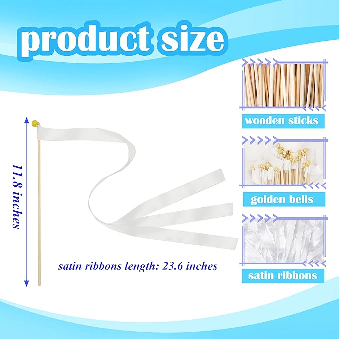 60 Pieces Wedding Colorful Ribbon with Bells, Party Ribbons Streamers Sticks Magic Wish Fairy Wand for Wedding Party Holiday Activities Favors (White-60)