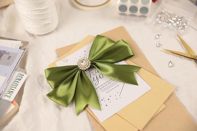 Olive Green Satin Ribbon 1-1/2 inch X Continuous 100 Yards, Single Face Polyester Ribbon Perfect for Gift Wrapping, Flower Bouquet, Wedding Decor, Crafts, Bow Making, Sewing and More