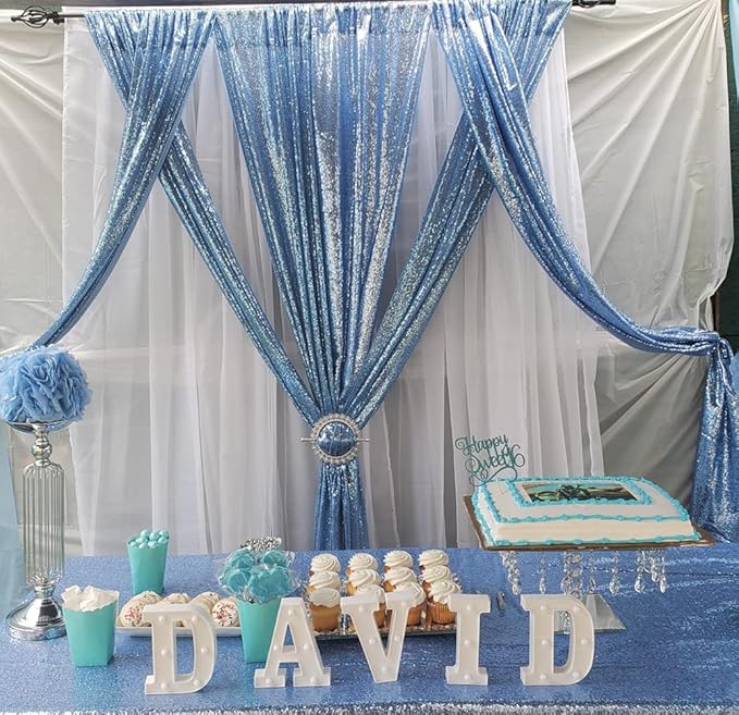 Poise3EHome 2Pcs 3Ft x 8Ft Baby Blue Sequin Backdrop Curtain, Glitter Photography Background, Sequence Xmas Thanksgiving Backdrop for Wedding Party Holiday Festival Decor