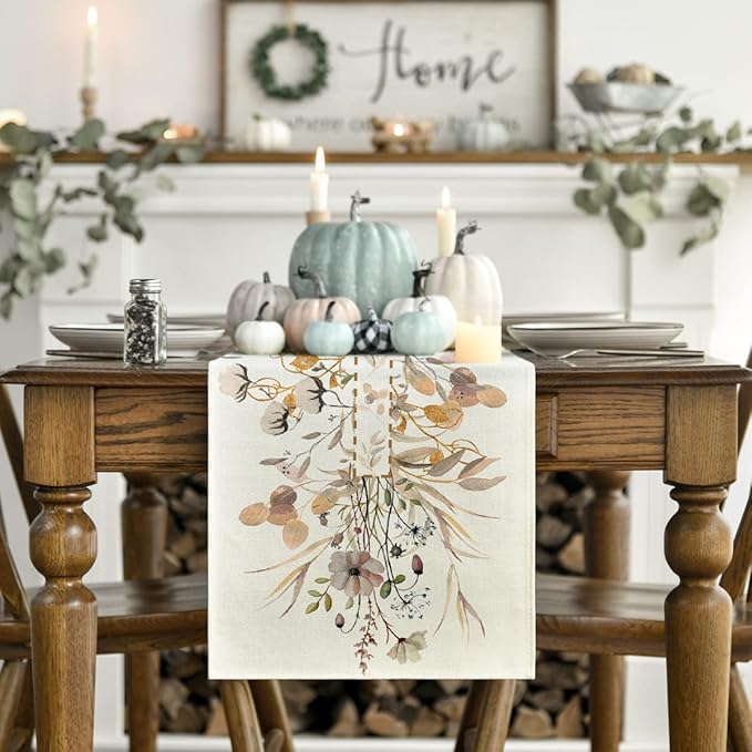 Artoid Mode Wildflower Leaves Floral Fall Table Runner, Autumn Thanksgiving Kitchen Dining Table Decoration for Indoor Outdoor Home Party 13x108 Inch