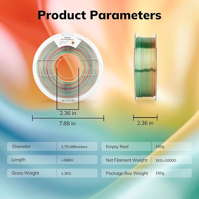 AMOLEN Silk PLA 3D Printer Filament, Shiny Multicolor Fusion Rainbow PLA Filament 1.75mm, Gradient Color Change PLA 3D Printing Filament for Most FDM 3D Printer, Green Blue Red Yellow, 1kg (2.2lbs)