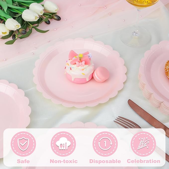 24 Pcs Pink Paper Plates 9 Inch Scalloped Dessert Plates - Disposable Pink Cake Plate - Baby Shower Birthday Party Wedding Bridal Party Supplies