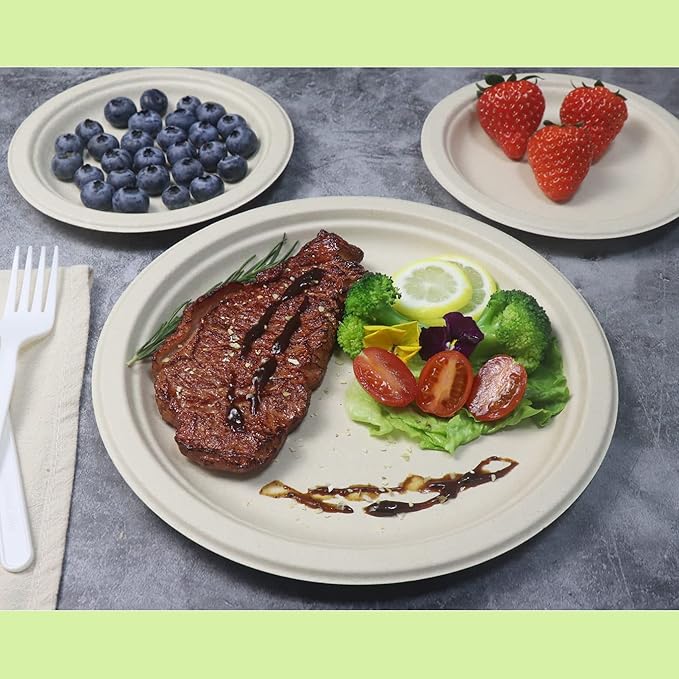 GreenWorks 7 inch and 9 inch Heavy-duty Compostable Plates (each 50 Count), 100 Count Unbleached Disposable Paper Plates