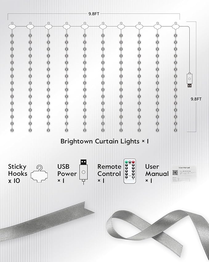 Brightown Smart Curtain String Lights - 9.8ft 300 LED Fairy Light with APP Remote, 8 Modes, USB Powered Waterproof Christmas for Bedroom Wedding Party, White