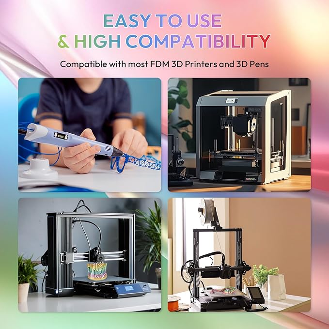 AMOLEN Silk PLA 3D Printer Filament, Shiny Multicolor Rainbow PLA Filament 1.75mm, Gradient Color Change PLA 3D Printing Filament for Most FDM 3D Printer, Yellow Green Blue Pink, 1kg (2.2lbs)