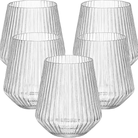 18 count origami ripple Unbreakable Stemless Plastic Wine Champagne Whiskey Glasses Elegant Durable Disposable Indoor Outdoor Ideal for Home, Office, Bars, Wedding, Ribbed 12 Ounce Cups (18, Clear)