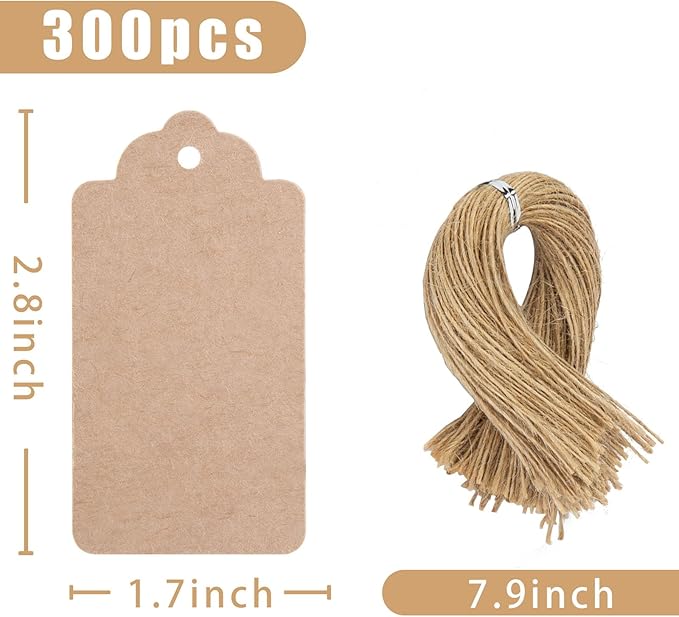SallyFashion 300pcs Gift Tags with String Attached, 1.7 x 2.8 inch Kraft Paper Hang Tags for Clothes DIY Crafts Wedding Holiday (Brown)