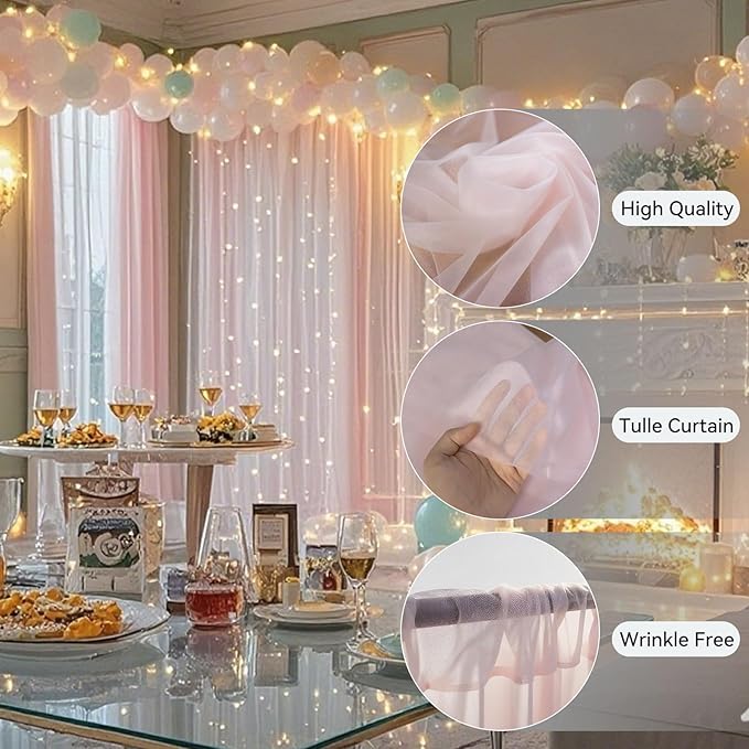 10×8ft Tulle Backdrop Curtains with Lights String - 300LED Fairy Lights Sheer Curtain Backdrop for Weddings Baby Shower and Birthday Party Decorations(8 Panels 5×8ft)