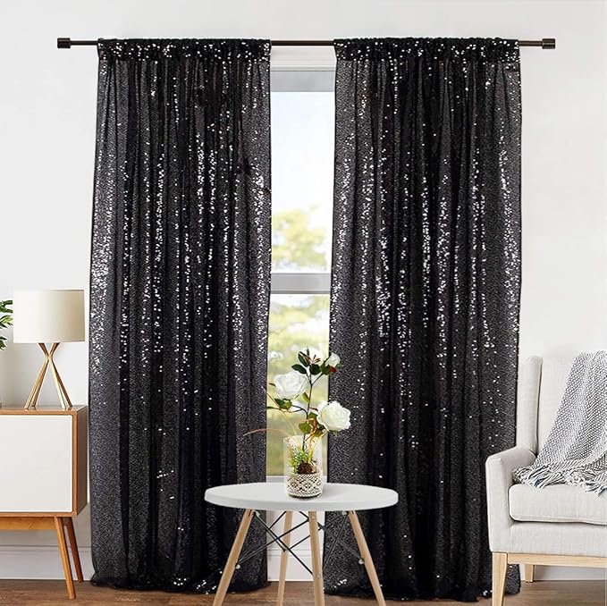 Eternal Beauty Sequin Backdrop Curtains, 2x8 Ft-2 Panels Black Back Drop for Shimmer Photography Party Wedding Birthday Decor