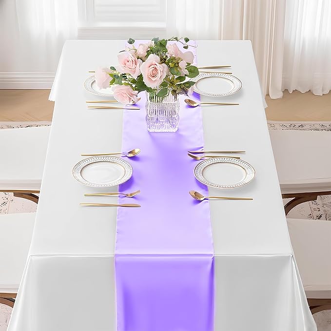 SHEJIZE 2 Pack Lavender Satin Table Runner 12x108 Inches Long, Bright Silky Smooth Satin Table Runner Table Decor for Wedding Banquet Christmas Prom Event Birthday Party