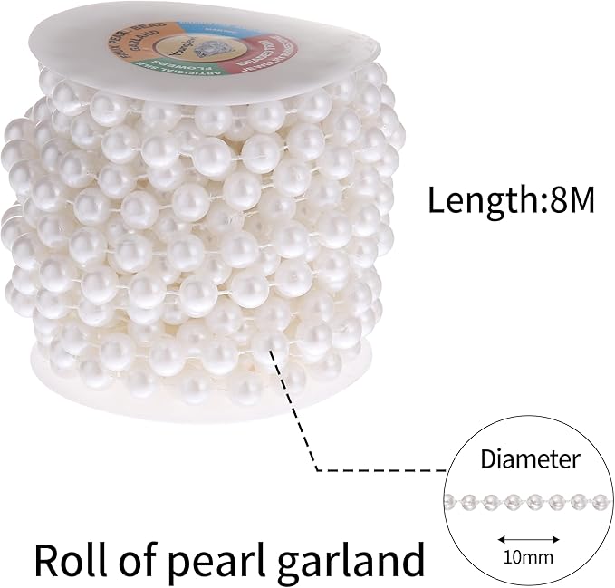 10mm Pearl Strands,9 Yds of White Fake Beads Garland Spool Roll with String Pearls for Crafting,Wedding Party,Christmas Tree Decoration.