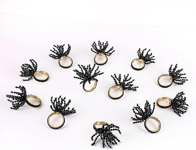 12-Pcs Decorative Napkin Rings - Beaded Serviette Ring Napkin Holders for Summer Beach Wedding Ocean Coastal Nautical Holiday Party Home Table Décor (Black) - CLEENTABLE