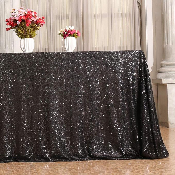 SquarePie Sequin Tablecloth 60 x 102 Inch Black Sparkly Table Cloth for Halloween Wedding Party