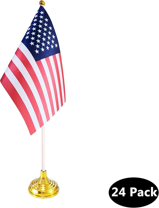24 Pack USA US Desk Flags,Small Mini American Deluxe Table Flags Set with Stand Base，8.2 x 5.5 inches Miniature Desktop Flag
