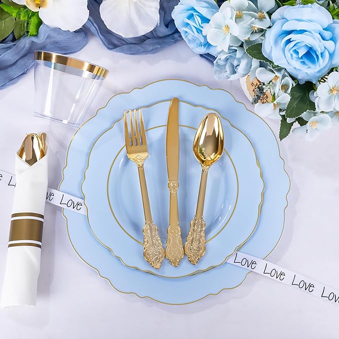Liacere 350PCS Bule Plastic Plates - Disposable Bule and Gold Plates 50guest Baroque Plastic Dinnerware include 100Plates, 50Pack Pre Rolled Napkins with Silverware 50Cups for Wedding&Mother's Day