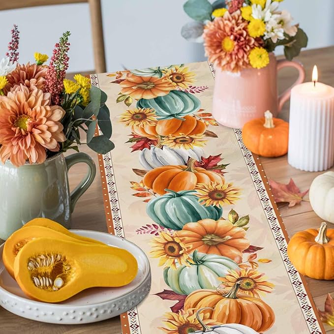 Fall Thanksgiving Southwest Cotton Linen Table Runner for Dining Kitchen, Orange Pumpkins Wedding Outdoor Party Rustic Tablerunners Decoration, Sunflower Dresser Scarf Tablecloth Runners 13x48 Inches