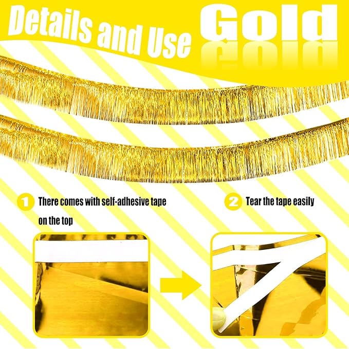 6 Pack 10 Feet Foil Fringe Garland Metallic Tinsel Streamers Banner Wall Hanging Curtain Backdrop Banner for Parade Floats, Thanksgiving, Christmas, Birthday, Halloween Party Decorations(Gold)