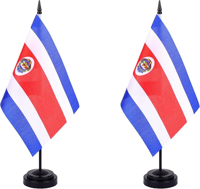 Costa Rica Desk Flag 12" Solid Pole Deluxe Set Costa Rican Flags Banner Mini Small Costa Rica Office Table Flags with Black Stand Base Desktop Decorations(2Pack)