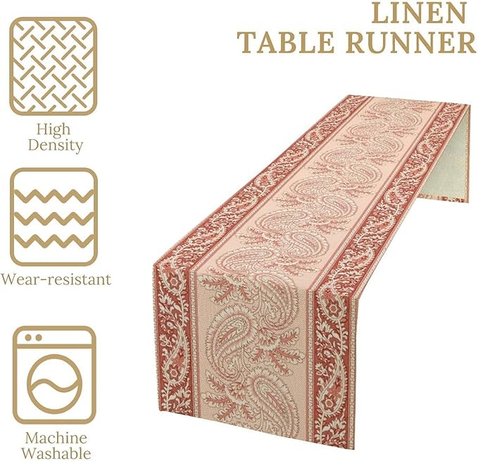 Pink Paisley Table Runner, Abstract Vintage Boho Paisley Flowers Leaves Print Table Runner for Home Kitchen Dining Room Wedding Party Decor, 13x70inch