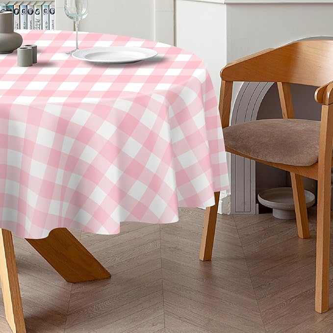 QIKSION Pink Gingham Round Tablecloth 2 Pack, 84 Inch Plastic Checkered Table Cover Disposable for Parties