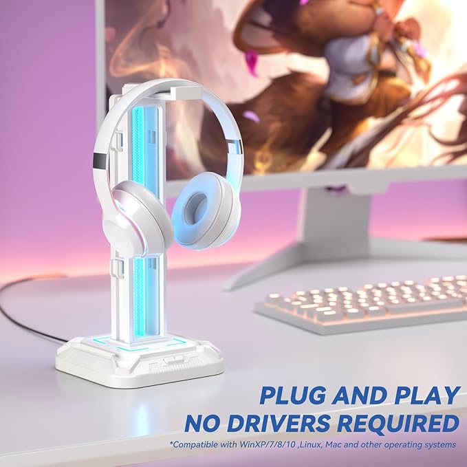 KDD RGB Headset Stand with 9 Light Modes - Controller Holder for Desk - Rotatable Headphone Stand & Detachable Controller Hook for PC Earphone Accessories(White)