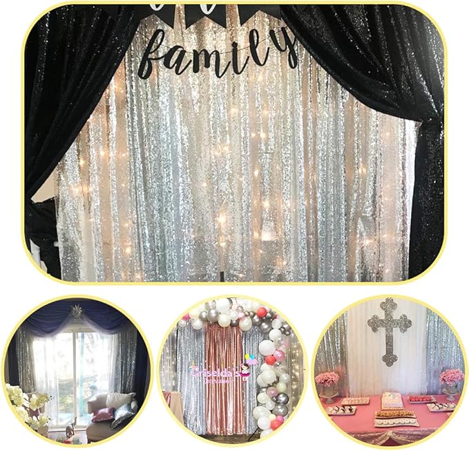 SquarePie Sequin Curtain 2FT x 8FT Silver 2pcs Backdrop Background for Wedding Party Christmas