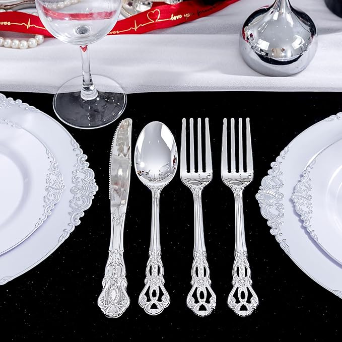40PSC Silver Plastic Cutlery - Vintage Silver Disposable Silverware - Heavyweight Plastic Utensils with 20 Forks, 10Knives, 10 Spoons For Catering, Parties, Dinners and Weddings